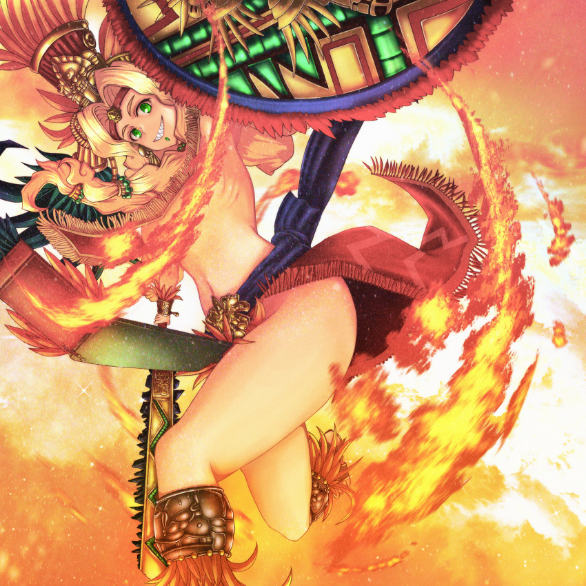 1girl, :d, absurdres, blonde_hair, blush, bracer, breasts, cape