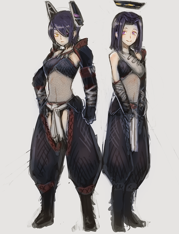 10s, 2girls, alternate_costume, armor, bad_id, bad_pixiv_id, boots, eyepatch, fishnet_top, fishnets, grey_background, halo, hand_on_own_hip, ichi_inaru, jika-tabi, kantai_collection, looking_at_viewer, mechanical_halo, monster_hunter_(series), multiple_girls, nargacuga_(armor), pauldrons, puffy_pants, purple_eyes, purple_hair, sash, shoulder_armor, siblings, simple_background, single_pauldron, sisters, sketch, tatsuta_(kancolle), tenryuu_(kancolle), v_arms, waist_sash, yellow_eyes