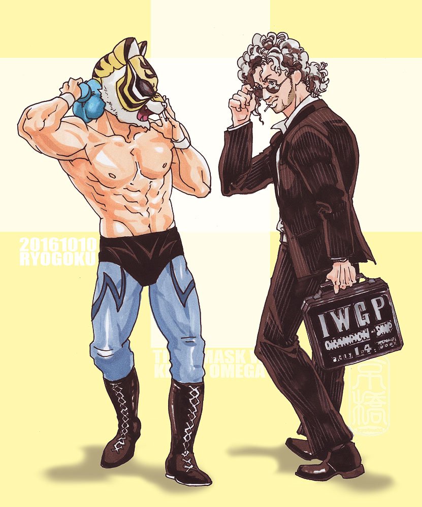 10s, 2boys, abs, black_hair, briefcase, curly_hair, kenny_omega, kyobashi