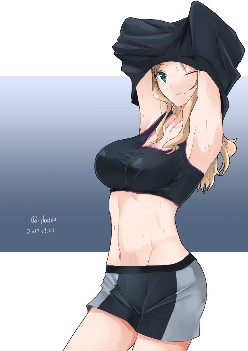 10s, 1girl, 2017, absurdres, armpits, blonde_hair, blue_eyes, breasts, clothes_lift, dated, female_focus, girls_und_panzer, groin, highres, irukatto, kay_(girls_und_panzer), large_breasts, long_hair, midriff, navel, one_eye_closed, shirt_lift, shorts, sidelocks, solo, sports_bra, sweat, twitter_username, undressing