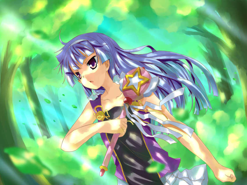 00s, 1girl, blue_hair, blunt_bangs, female_focus, hairband, highres, kannagi, long_hair, nagi, pleated_skirt, purple_eyes, red_comet, skirt, solo, source_request, thai_text, wand, white_skirt