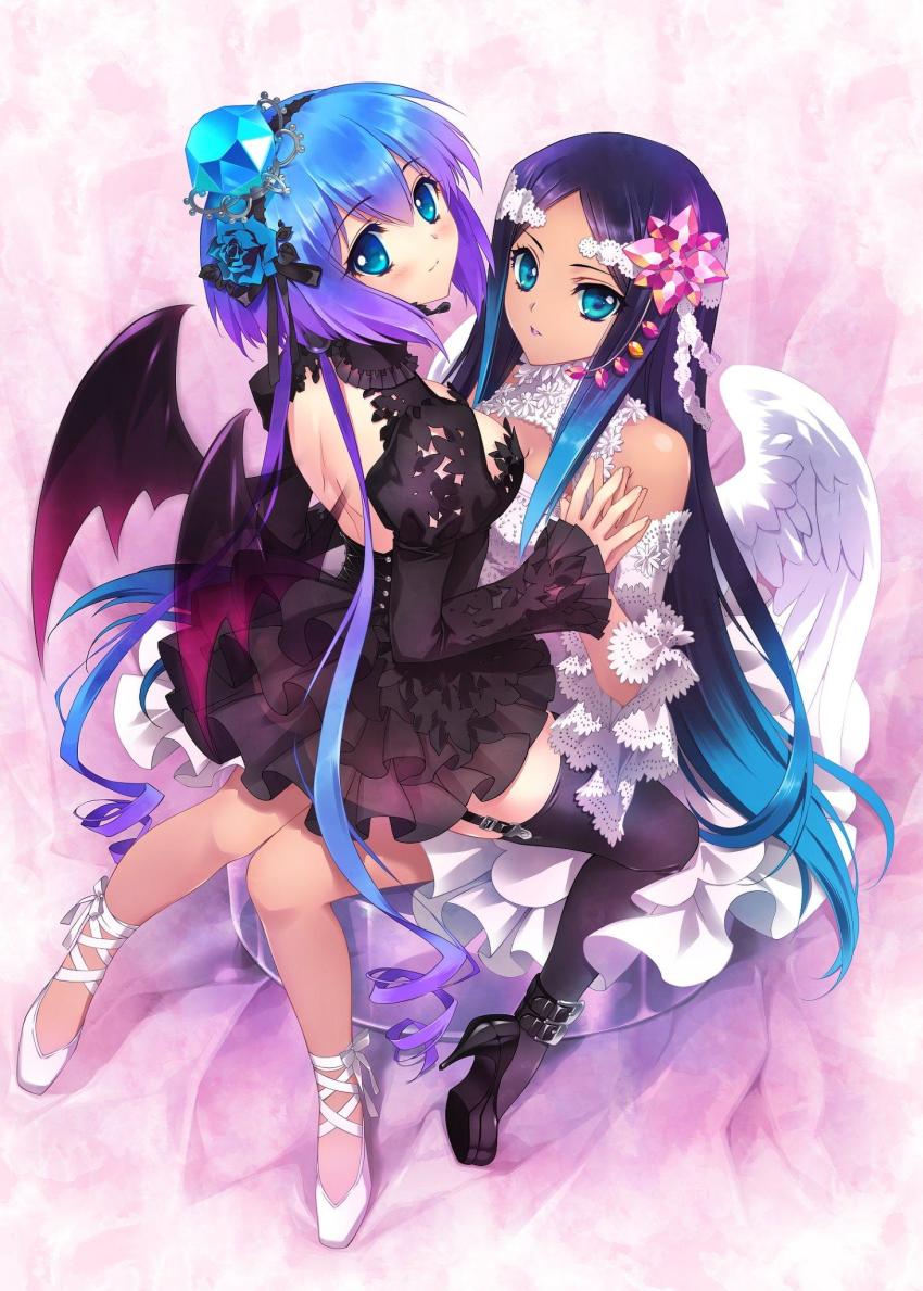 2girls, angel_wings, aoki_lapis, bare_shoulders, black_hair, black_legwear, blue_eyes, blue_flower