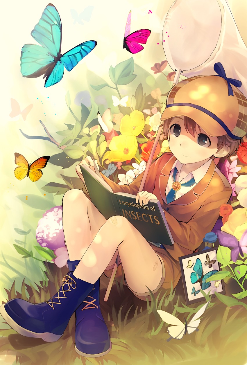 1boy, bandaid, bandaid_on_knee, bandaid_on_leg, black_eyes, blazer, blue_boots, blue_flower, blue_necktie, book, boots, brown_hair, brown_hat, brown_jacket, brown_shorts, bug, butterfly, butterfly_net, buttons, cocolo_(co_co_lo), collared_shirt, crossed_legs, deerstalker, flower, hair_between_eyes, hand_net, hat, highres, insect, insect_collection, jacket, lace-up_boots, looking_up, male_focus, necktie, original, purple_flower, red_flower, shirt, shorts, sitting, smile, solo, white_flower, white_shirt, yellow_flower