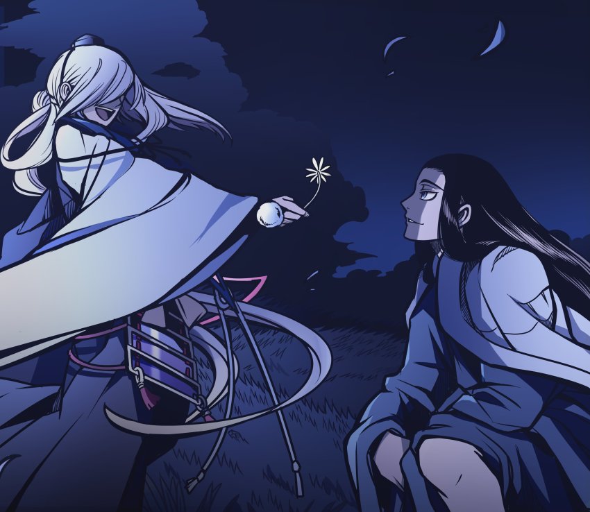 10s, 2boys, absurdres, black_hair, bridal_gauntlets, crossover, drifters, flower