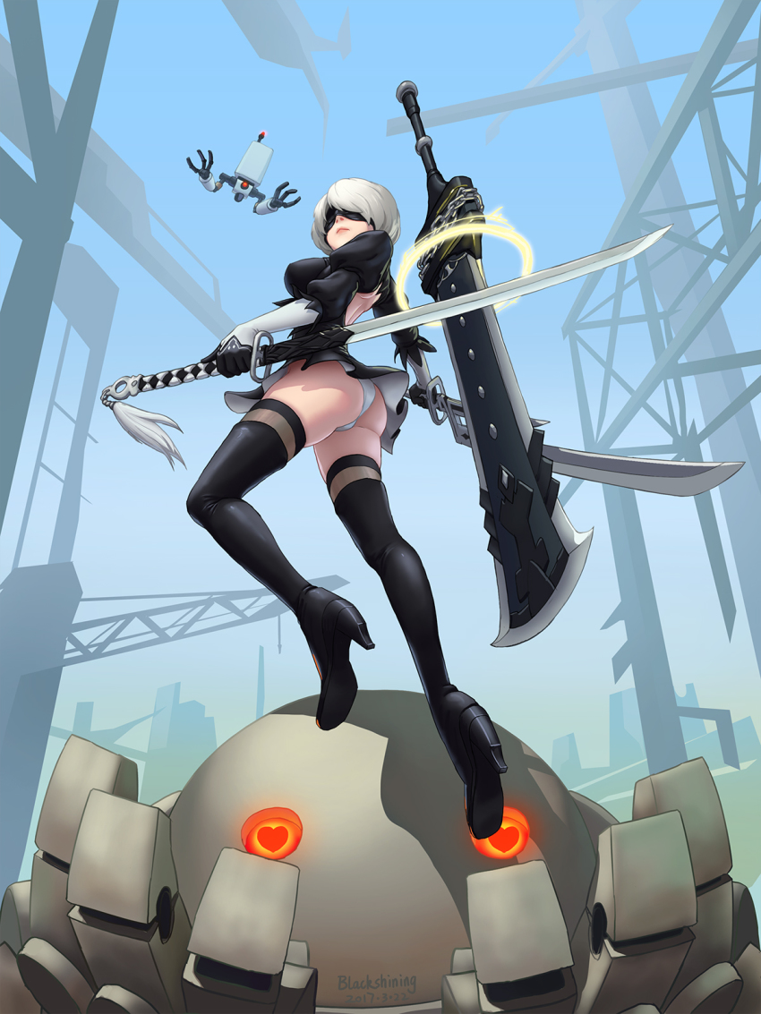 1girl, 2017, 2b_(nier:automata), artist_name, ass, back_cutout, backless_dress, backless_outfit, bad_id, bad_pixiv_id, black_boots, black_dress, black_hairband, black_thighhighs, blindfold, blue_sky, boots, breasts, broadsword, chain, closed_mouth, clothing_cutout, covered_eyes, crane_(machine), dated, day, dress, drone, dual_wielding, female_focus, floating, full_body, greatsword, hair_over_one_eye, hairband, heart, heart-shaped_eyes, high_heel_boots, high_heels, highleg, highleg_leotard, highres, holding, holding_sword, holding_weapon, huge_weapon, juliet_sleeves, katana, legs_apart, leotard, long_sleeves, machinery, medium_breasts, midair, nier:automata, nier_(series), no_mole, nose, outdoors, pink_lips, pod_(nier:automata), puffy_sleeves, robot, short_dress, short_hair, shoulder_blades, silver_hair, skeletoner_blackshining, sky, solo, sword, tassel, thigh_boots, thighhighs, vambraces, weapon, weapon_on_back, white_leotard