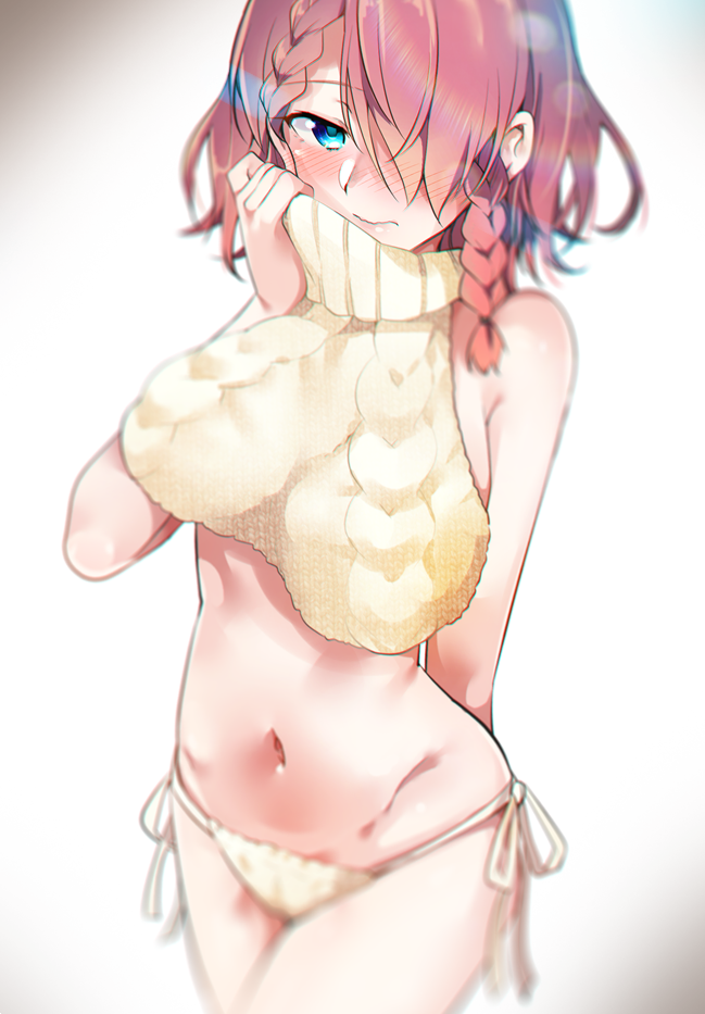 1girl, aqua_eyes, bad_id, bad_twitter_id, bare_shoulders, bikini, bikini_bottom_only, blurry, blush, braid, breasts, crop_top, dokyuu_hentai_hxeros, embarrassed, female_focus, hair_over_one_eye, large_breasts, lips, looking_at_viewer, midriff, navel, pink_hair, ryouma_(galley), shirayuki_maihime, short_hair, side-tie_bikini_bottom, side_braid, sideboob, sleeveless, solo, stomach, sweater, swimsuit, thighs, wavy_mouth, white_bikini