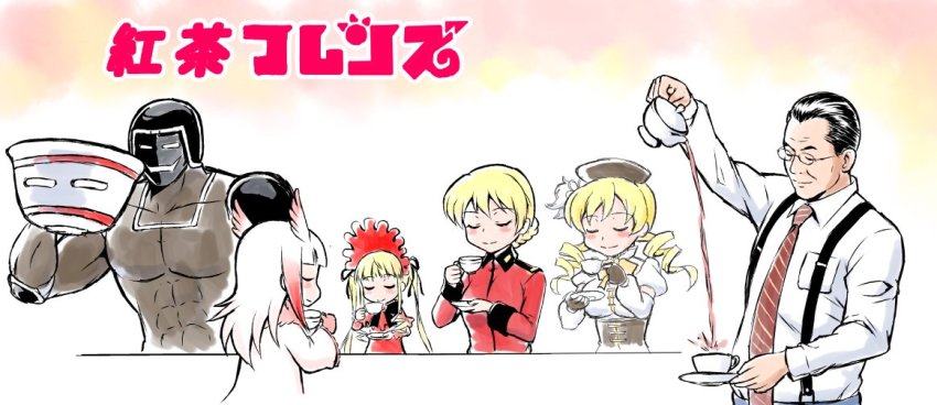 10s, 2boys, 3girls, abs, aibou_(tv_series), arm_up, bare_back, beret, black_bow, black_bowtie, black_gloves, black_hair, black_hat, black_ribbon, blonde_hair, blunt_bangs, blush, bonnet, bow, bowtie, braid, breast_pocket, closed_eyes, closed_mouth, collar, commentary, corset, crossover, cup, darjeeling_(girls_und_panzer), dark-skinned_male, dark_skin, decantering, detached_sleeves, dress, drill_hair, elbow_pads, fingerless_gloves, french_braid, girls_und_panzer, glasses, gloves, gradient_hair, hair_ornament, hair_ribbon, hair_slicked_back, hairpin, hand_up, hat, head_wings, helmet, holding, holding_cup, holding_plate, jacket, japanese_crested_ibis_(kemono_friends), kemono_friends, kinnikuman, logo_parody, long_hair, long_sleeves, magical_girl, mahou_shoujo_madoka_magica, mahou_shoujo_madoka_magica_(anime), military, military_uniform, multicolored_hair, multiple_boys, multiple_crossover, multiple_girls, muscular, necktie, oversized_object, pectorals, plate, pocket, pouring, puffy_short_sleeves, puffy_sleeves, red_dress, red_hair, red_jacket, ribbon, rozen_maiden, shinku, shirt, short_hair, short_sleeves, short_twintails, smile, st._gloriana's_military_uniform, standing, striped_clothes, striped_necktie, striped_neckwear, sugishita_ukyou, suspenders, tea, teacup, teapackman, teapot, tomoe_mami, tomoe_mami_(magical_girl), trait_connection, translated, twin_drills, twintails, vertical_stripes, warsman, white_hair, white_shirt, wings, yellow_bow, yellow_bowtie, yonecchi