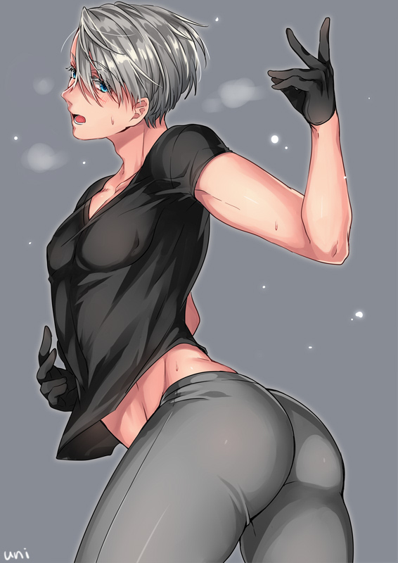 10s, 1boy, ass, black_gloves, blue_eyes, blush, gloves, male_focus, open_mouth, shirt, silver_hair, sweat, t-shirt, uni_campanella, viktor_nikiforov, yuri!!!_on_ice