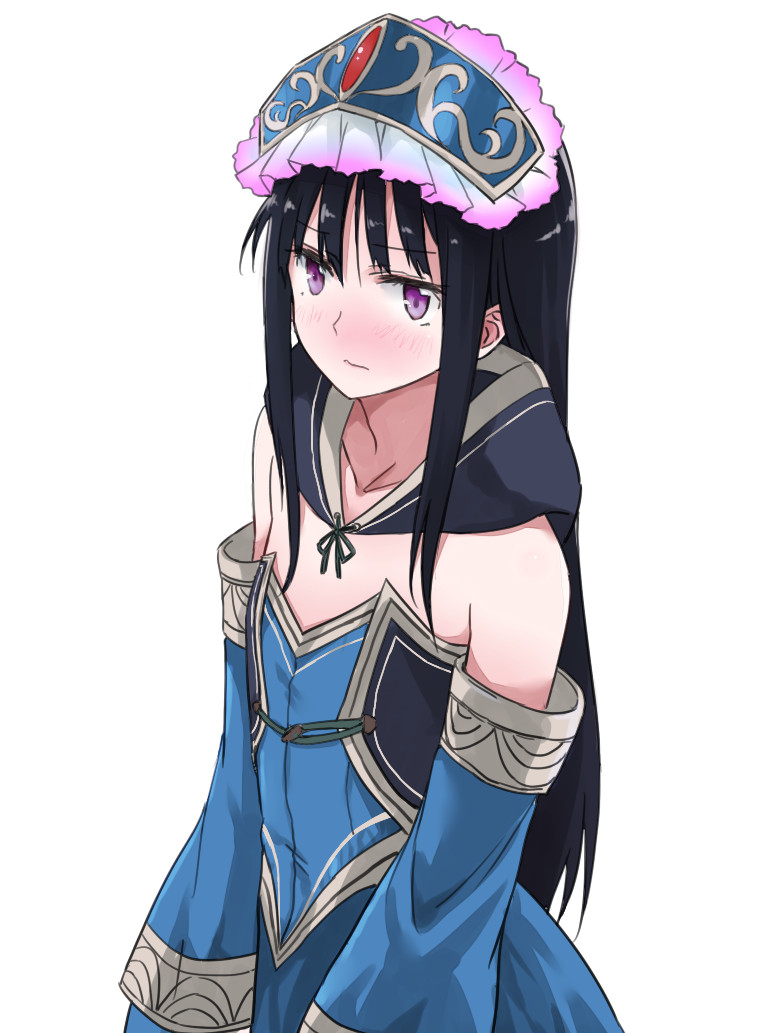 1girl, atelier_(series), atelier_meruru, atelier_totori, bare_shoulders, black_hair, blue_dress, blush
