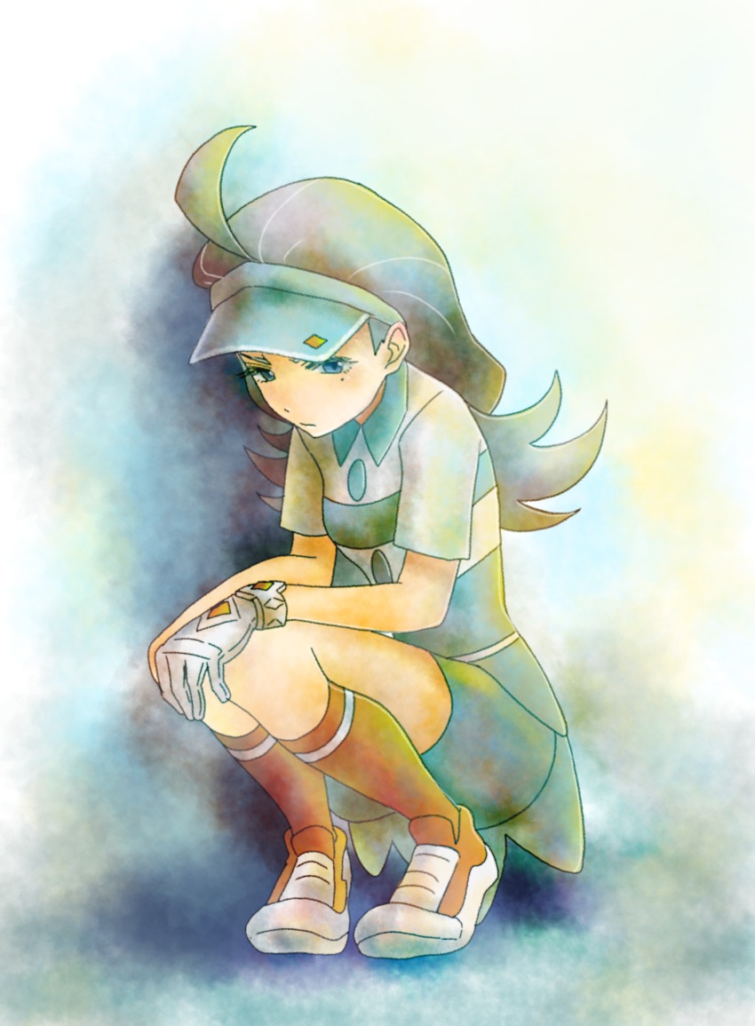 1girl, alternate_eye_color, aqua_hair, bad_id, bad_pixiv_id, blue_eyes, blue_hat, blue_skirt, buttons, closed_mouth, diamond_(shape), elite_four, female_focus, full_body, gloves, hat, highres, kahili_(pokemon), kneehighs, long_hair, mole, mole_under_eye, nintendo, orange_socks, pencil_skirt, pin, pokemon, pokemon_sun_and_moon, shoes, short_sleeves, single_glove, skirt, socks, solo, squatting, visor_cap, white_gloves, white_shoes, yukari_(pixiv4887351), z-ring
