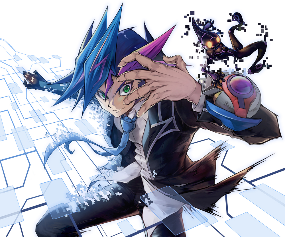 1boy, blazer, blue_hair, blue_necktie, closed_mouth, cowboy_shot, digital_dissolve, duel_disk, fujiki_yusaku, green_eyes, ignis_(yuu-gi-ou), jacket, lazward, male_focus, multicolored_hair, mysterious_lifeform, necktie, open_clothes, open_jacket, outstretched_arm, pink_hair, school_uniform, smile, spiked_hair, transformation, white_background, yellow_eyes, yu-gi-oh!, yu-gi-oh!_vrains, yuu-gi-ou, yuu-gi-ou_vrains