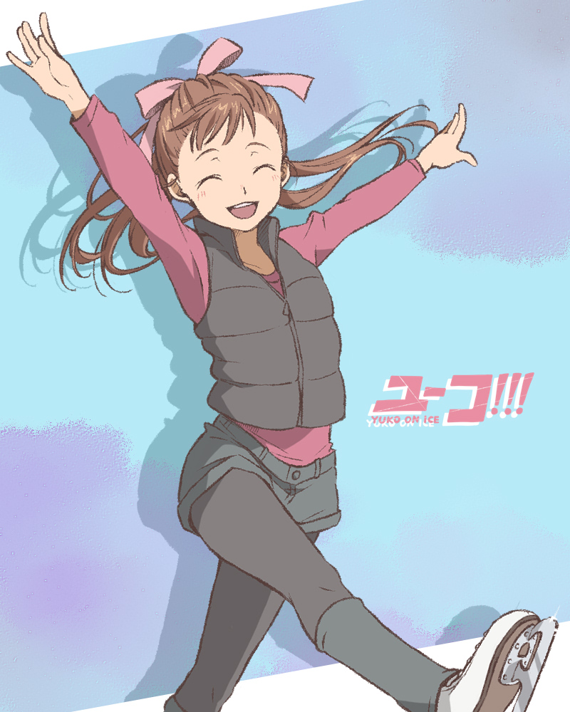 10s, 1girl, ^_^, aged_down, arms_up, black_pantyhose, brown_hair, closed_eyes