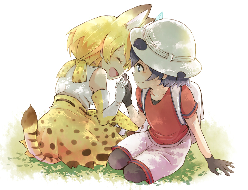 10s, 2girls, animal_ears, animal_print, backpack, bag, bare_shoulders, black_hair, black_legwear, blonde_hair, cat_ears, cat_tail, closed_eyes, elbow_gloves, gloves, hat, hat_feather, holding_hands, idu, kaban_(kemono_friends), kemono_friends, looking_at_another, multiple_girls, open_mouth, pantyhose, red_shirt, serval_(kemono_friends), serval_tail, shirt, short_hair, shorts, sitting, skirt, sleeveless, sleeveless_shirt, smile, t-shirt, tail, thighhighs, white_shirt