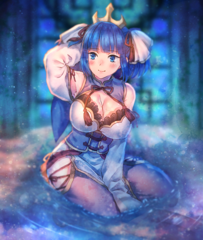 1girl, arm_behind_head, blue_hair, blurry, blurry_background, breasts, cleavage, crown
