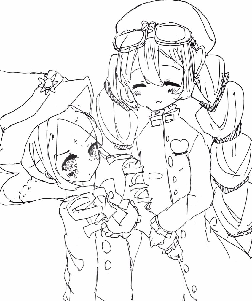 10s, 2girls, 7753, bad_id, bad_twitter_id, blush, closed_eyes, greyscale, hat, highres, holding_another's_wrist, magical_girl, mahou_shoujo_ikusei_keikaku, mahou_shoujo_ikusei_keikaku_limited, mana_(mahoiku), micro_(micronm), monochrome, multiple_girls, sketch, smile, yuri