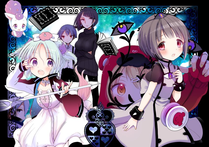 10s, 1boy, 4girls, alma_(mahoiku), book, highres, mahou_shoujo_ikusei_keikaku, mahou_shoujo_ikusei_keikaku_f2p, multiple_girls, official_art, osanai_akira, spinon, stella_lulu, wand, yuzuki_ryouta