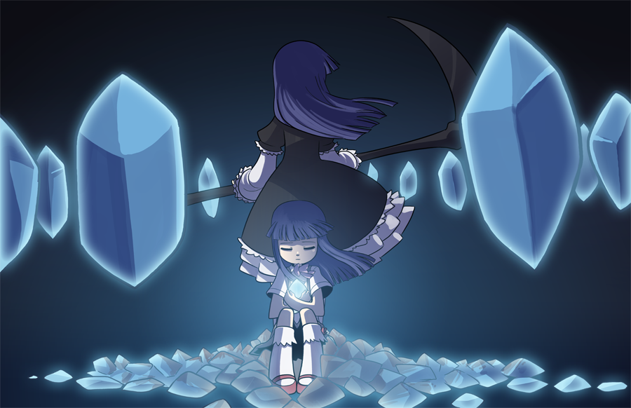 2girls, back-to-back, black_dress, crystal, dress, frederica_bernkastel, furude_rika, higurashi_no_naku_koro_ni