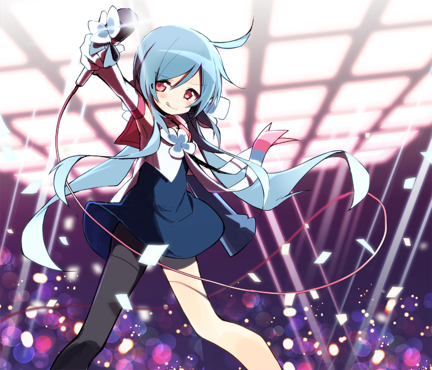 1girl, :q, ahoge, ameko-107, armpits, asymmetrical_legwear, black_hair, blue_hair