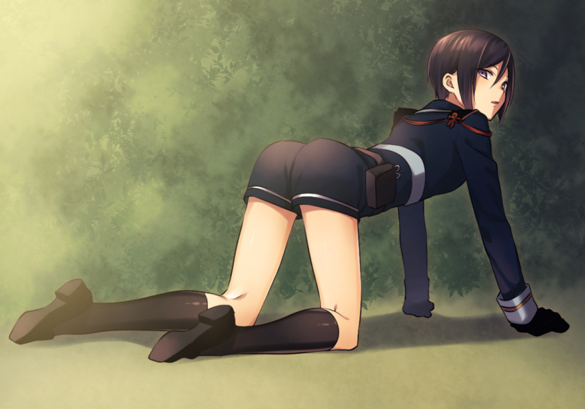 10s, 1boy, all_fours, ass, black_gloves, black_hair, black_socks, gloves