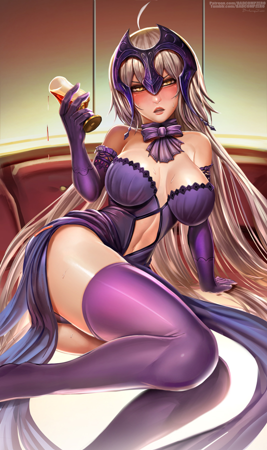 1girl, ahoge, armor, badcompzero, bare_shoulders, blush, cup, drinking_glass