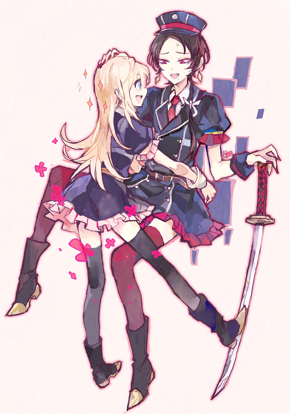 10s, 2boys, black_legwear, blonde_hair, blue_eyes, brown_hair, cosplay, crossdressing