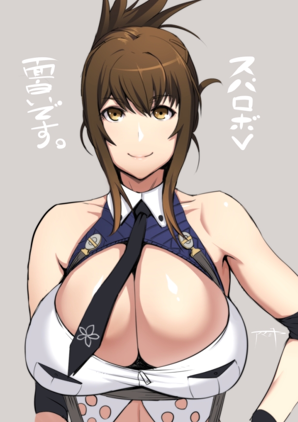 1girl, amamiya_(abaros), bare_shoulders, black_necktie, breasts, brown_hair, cleavage, huge_breasts, kisaragi_chitose, midriff, namco, necktie, solo_focus, super_robot_wars, super_robot_wars_v