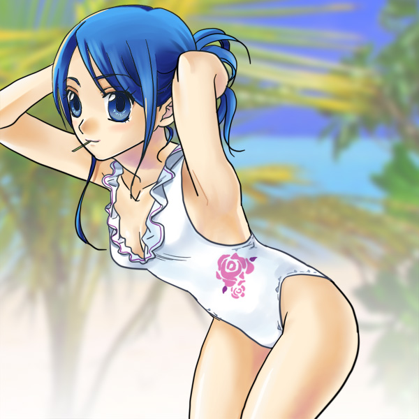 00s, bent_over, blue_eyes, blue_hair, kasaki_takao, minazuki_karen, one-piece_swimsuit, precure, solo, swimsuit, tying, yes!_precure_5