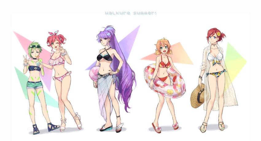 10s, 5girls, ball, beachball, bikini, blonde_hair, blue_eyes, breasts, delta_log, drink, freyja_wion, green_eyes, green_hair, innertube, kaname_buccaneer, large_breasts, laughing, macross, macross_delta, makina_nakajima, medium_breasts, mikumo_guynemer, multicolored_hair, multiple_girls, nail_polish, pink_hair, platform_footwear, pointy_ears, purple_hair, red_eyes, red_hair, reina_prowler, sandals, sarong, swim_ring, swimsuit