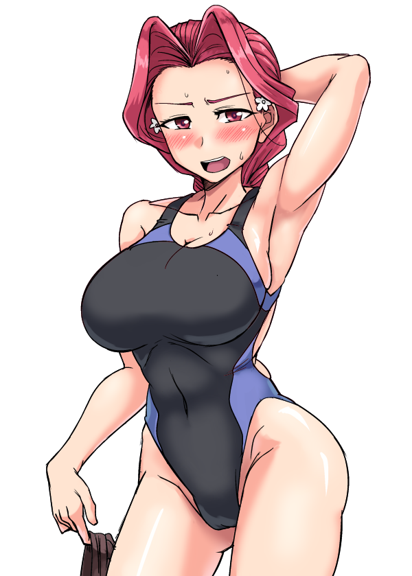 10s, 1girl, arm_behind_head, black_one-piece_swimsuit, braid, breasts, cowboy_shot, female_focus, girls_und_panzer, girls_und_panzer_ribbon_no_musha, large_breasts, long_hair, looking_at_viewer, mimuni362, one-piece_swimsuit, open_mouth, red_eyes, red_hair, solo, swimsuit, uszka_(girls_und_panzer), white_background