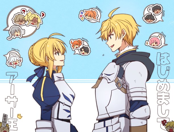 10s, ahoge, arash_(fate), armor, armored_dress, arthur_pendragon_(fate), artoria_pendragon_(fate), bedivere_(fate), blonde_hair, brown_hair, choco_taberusan, dark_skin, dress, dual_persona, fate/apocrypha, fate/extra, fate/grand_order, fate/prototype, fate/prototype:_fragments_of_blue_and_silver, fate/stay_night, fate_(series), father_and_child, father_and_daughter, fujimaru_ritsuka_(female), fujimaru_ritsuka_(male), gawain_(fate), gilgamesh_(fate), gilgamesh_(fate/prototype), green_eyes, long_hair, mash_kyrielight, merlin_(fate/stay_night), mordred_(fate), mordred_(fate/apocrypha), mother_and_child, mother_and_daughter, multiple_boys, multiple_girls, open_mouth, orange_hair, ozymandias_(fate), parent_and_child, ponytail, romani_archaman, saber_(fate), short_hair, smile, white_hair