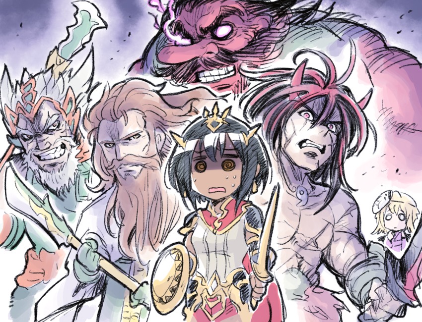 2girls, 4boys, @_@, beard, black_hair, black_wings, blonde_hair, brown_eyes, brown_hair, cape, colored_skin, dark_skin, earrings, facial_hair, glaive_(polearm), glowing, glowing_eyes, grimace, grin, guan_yu_(p&amp;d), hair_ornament, highres, horns, ishtar_(puzzle_&amp;_dragons), japanese_clothes, jewelry, kato_takuji, kimono, long_hair, magatama, mask, mask_on_head, multicolored_hair, multiple_boys, multiple_girls, mustache, necklace, open_mouth, pink_hair, polearm, puzzle_&amp;_dragons, red_hair, red_skin, scar, shaded_face, shield, short_hair, smile, solid_circle_eyes, susanoo_(p&amp;d), sweat, sword, teeth, tengu, tengu_(p&amp;d), topless_male, two-tone_hair, weapon, white_hair, wings, zhang_fei_(p&amp;d)