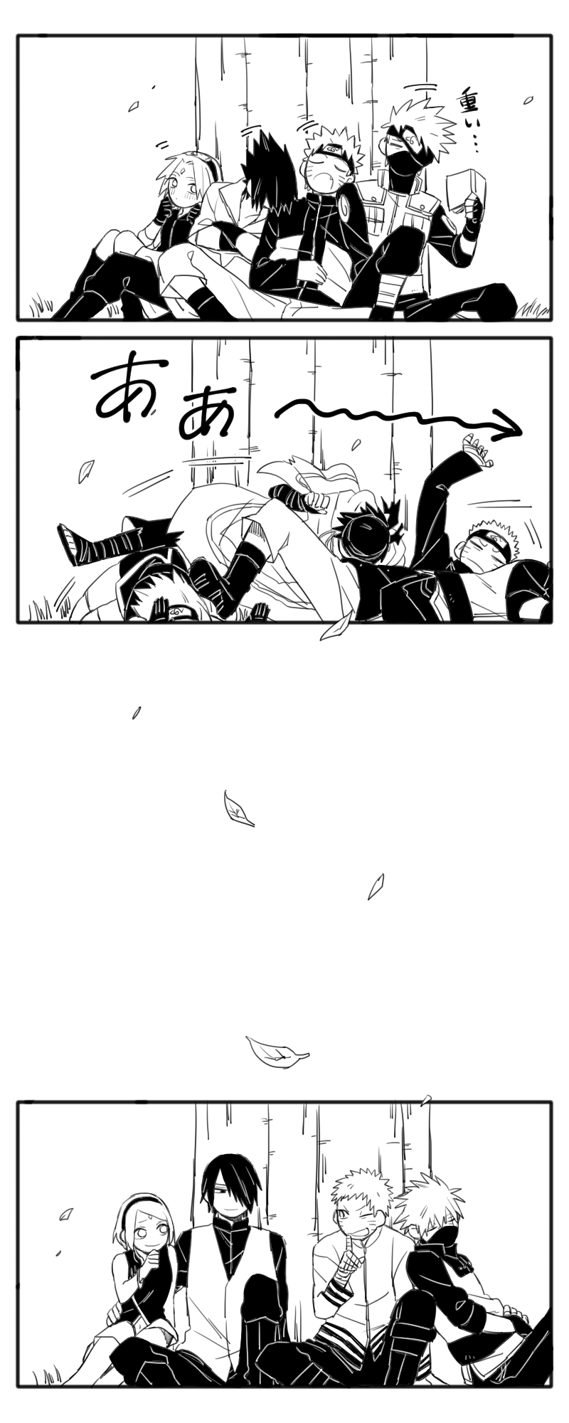 1girl, 3boys, against_tree, age_progression, aged_up, bad_id, bad_pixiv_id, book, comic, facial_mark, fang, forehead_protector, greyscale, haruno_sakura, hatake_kakashi, highres, jomae_dayo, monochrome, multiple_boys, naruto_(classic), naruto_(series), sleeping, sleeping_on_person, spiked_hair, tree, uchiha_sasuke, uzumaki_naruto, whisker_markings, whiskers