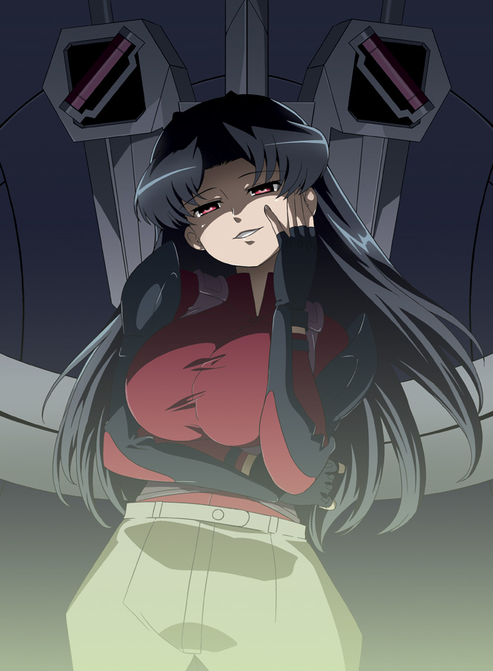 1girl, alternate_breast_size, black_hair, breast_hold, breasts, brown_pants, commentary_request, cowboy_shot