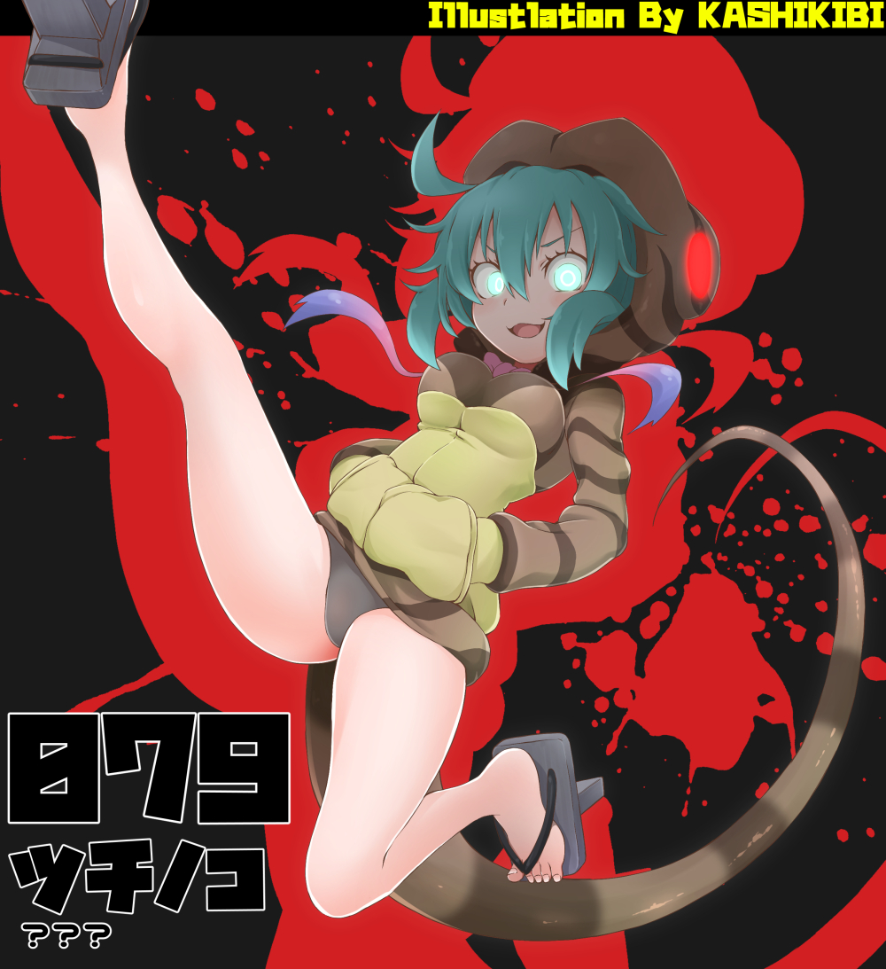 10s, 1girl, aqua_hair, bad_id, bad_pixiv_id, bare_legs, breasts, commentary_request, female_focus, geta, glowing, glowing_eyes, gradient_ribbon, hand_in_pocket, hands_in_pocket, hood, hoodie, kemono_friends, kurosawa_(kurosawakyo), long_sleeves, open_mouth, panties, pantyshot, ribbon, snake_tail, solo, tail, tengu-geta, translated, tsuchinoko_(kemono_friends), underwear