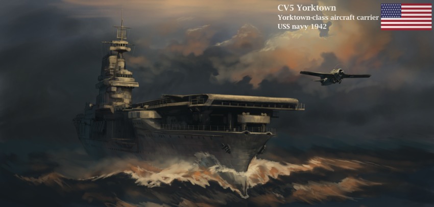 abe_yasushi_(umizoi_tibet), aircraft, aircraft_carrier, airplane, american_flag, military, military_vehicle, no_humans