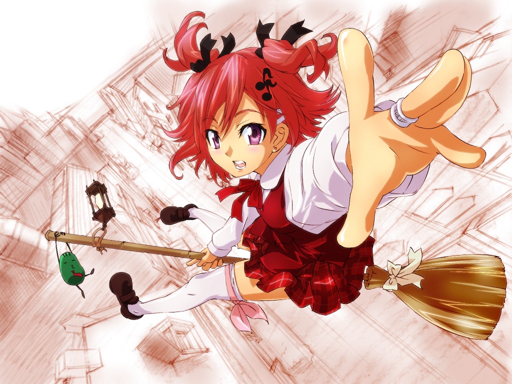 00s, 1girl, broom, earrings, female_focus, foreshortening, hair_ornament, hair_ribbon