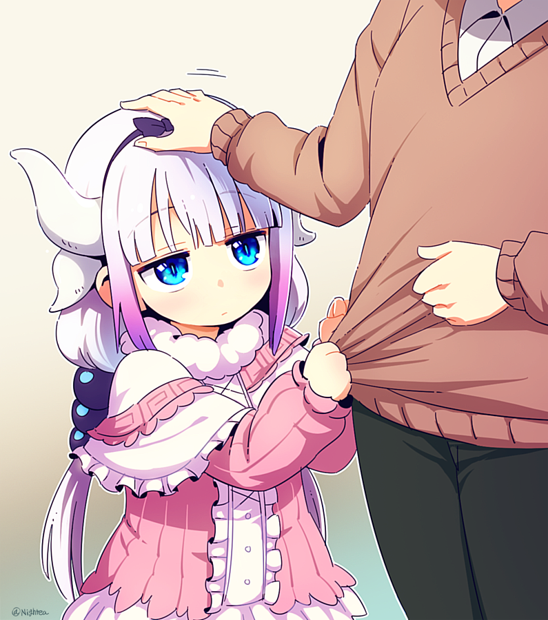 10s, 2girls, :/, artist_name, black_pants, blue_eyes, brown_sweater, capelet