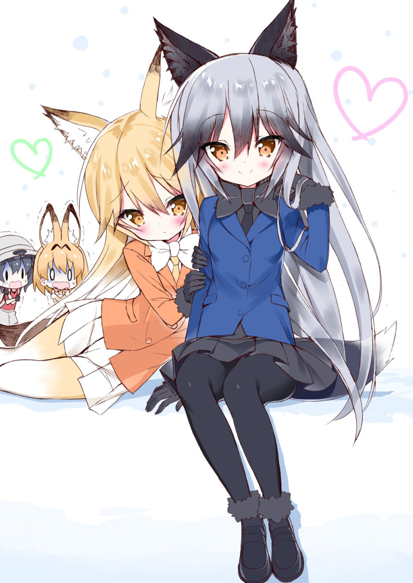 10s, 4girls, abstract_background, animal_ears, arm_at_side, backpack, bag, bare_shoulders