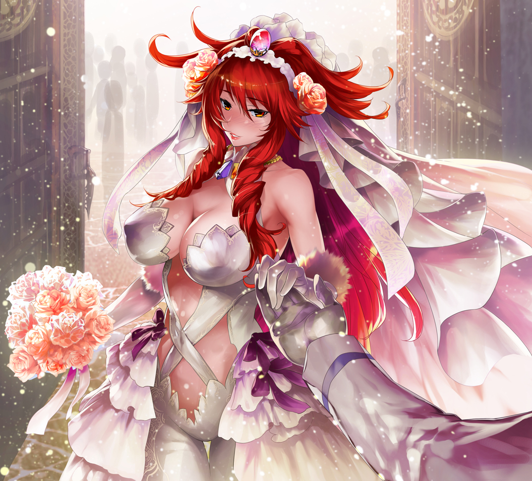 1girl, blush, bouquet, breasts, bridal_veil, bride, cleavage, flower, gloves, hair_flower, hair_ornament, hand_grab, jewelry, large_breasts, lips, long_hair, looking_at_viewer, pov, pov_hands, red_eyes, red_hair, red_stone, wedding, wedding_dress