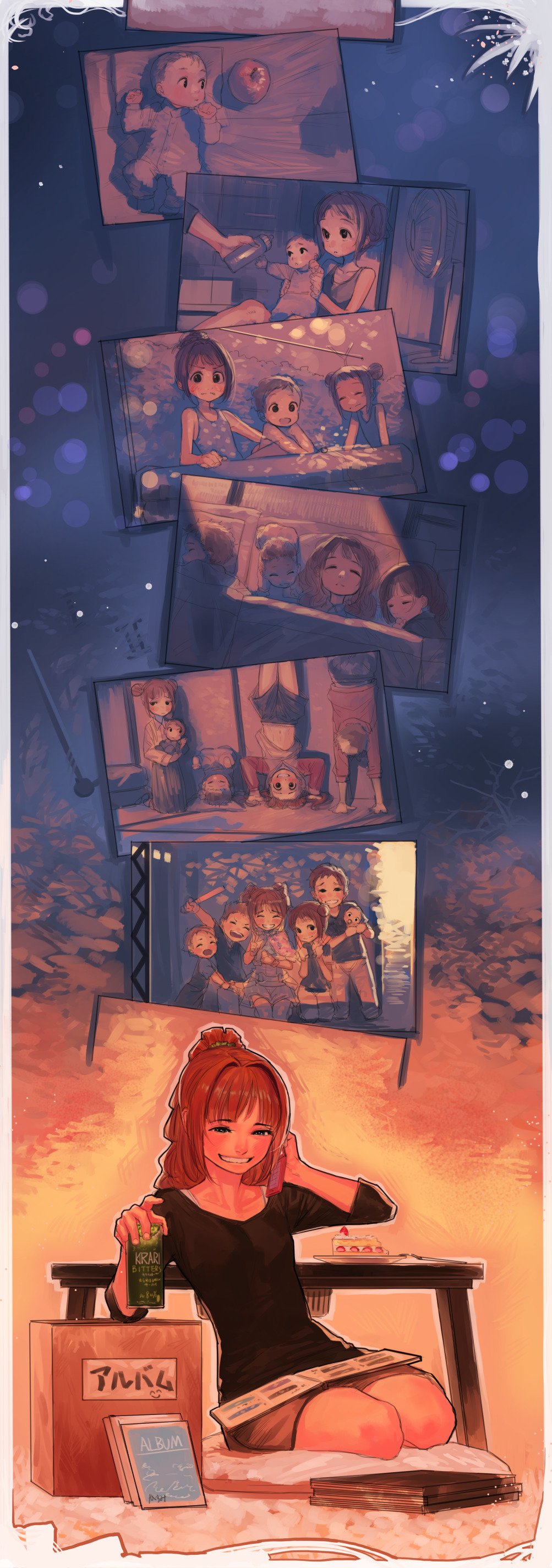 2girls, 4boys, absurdres, age_progression, aged_down, aged_up, alcohol, alternate_hairstyle, apple, baby, beer, blush, box, brother_and_sister, brothers, brown_hair, bukimi_isan, cake, cardboard_box, cellphone, closed_eyes, commentary, double_bun, electric_fan, food, fruit, glowstick, green_eyes, hair_bun, high_ponytail, highres, idolmaster, idolmaster_(classic), kotatsu, long_hair, luxury_(idolmaster), multiple_boys, multiple_girls, orange_hair, phone, photo_(object), photo_album, ponytail, siblings, sisters, sitting, skirt, sleeping, smile, table, takatsuki_chousuke, takatsuki_kasumi, takatsuki_kouji, takatsuki_koutarou, takatsuki_kouzou, takatsuki_yayoi, teeth, twintails, upside-down, wading_pool, yokozuwari