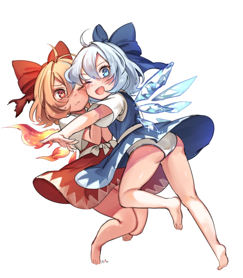 2girls, ;d, achi_cirno, ahoge, alternate_color, alternate_element, ass, bare_legs