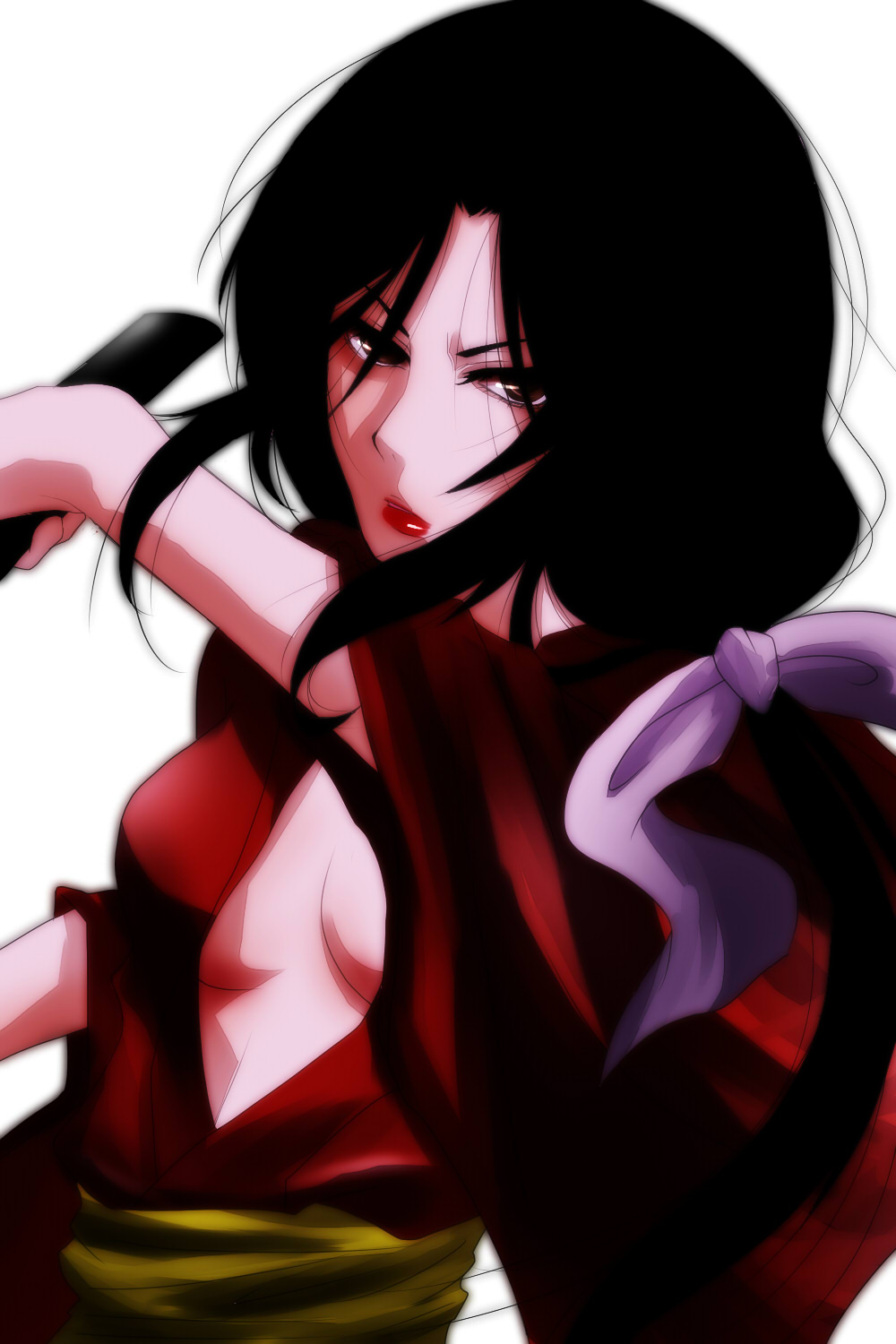 1girl, akeginu, basilisk_(manga), breasts, cleavage, fighting_stance, hair_ribbon, highres