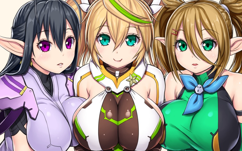 3girls, aqua_eyes, asamura_hiori, black_hair, blonde_hair, breasts, fang, gene_(pso2)