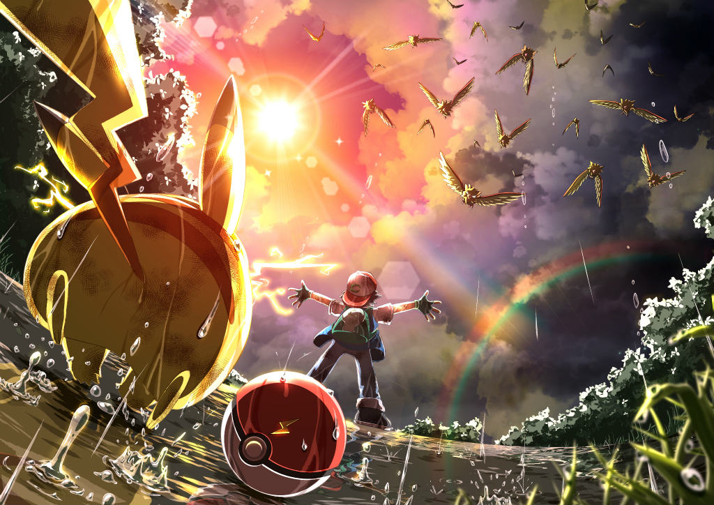 1boy, ash_ketchum, backpack, backwards_hat, bag, baseball_cap, bird, black_footwear, black_gloves, blurry, cloud, cloudy_sky, day, depth_of_field, electricity, evening, fingerless_gloves, from_behind, gen_1_pokemon, gloves, grass, hat, imomushi_(pixiv_9001433), lens_flare, light_rays, nintendo, outdoors, outstretched_arms, pants, pikachu, poke_ball, poke_ball_(basic), pokemon, pokemon_(anime), pokemon_(classic_anime), pokemon_(creature), rainbow, running, shoes, short_sleeves, sky, spearow, spread_fingers, sun, sunbeam, sunlight, sunset, water, water_drop