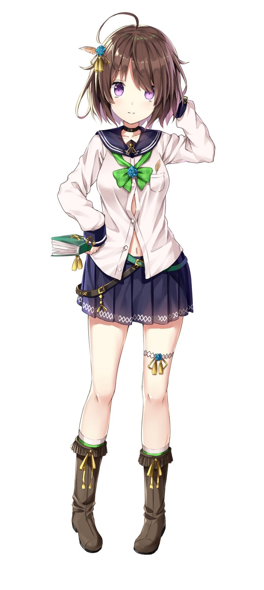 1girl, absurdres, ahoge, black_skirt, boots, brown_boots, brown_hair, choker