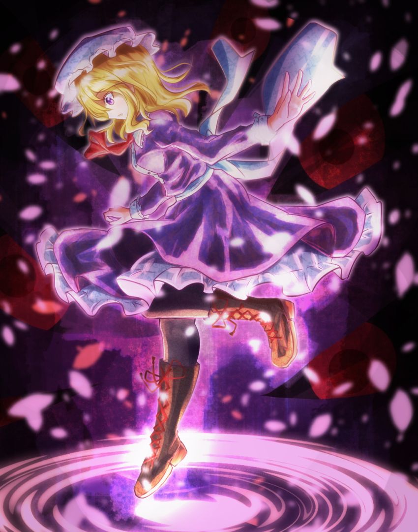 1girl, aura, black_pantyhose, blonde_hair, boots, dress, eyeball, female_focus