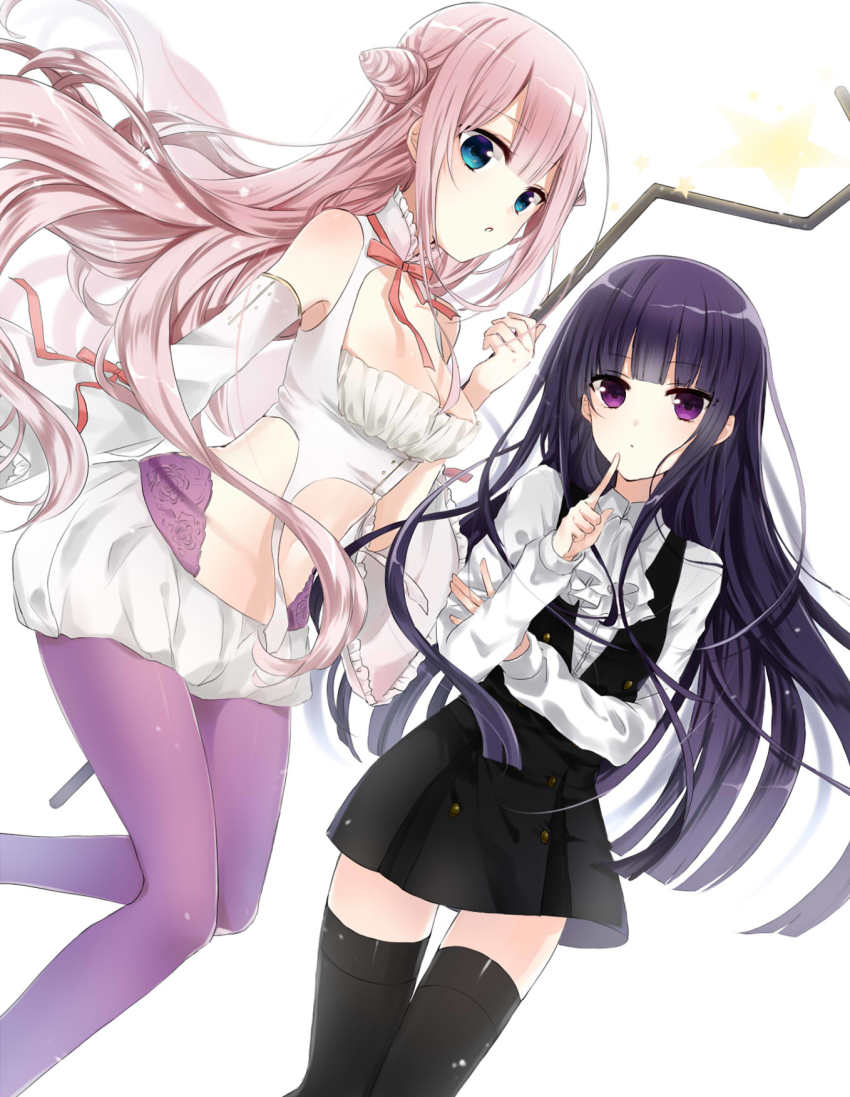 10s, 2girls, blue_eyes, blunt_bangs, breasts, cone_hair_bun, creator_connection, crossover