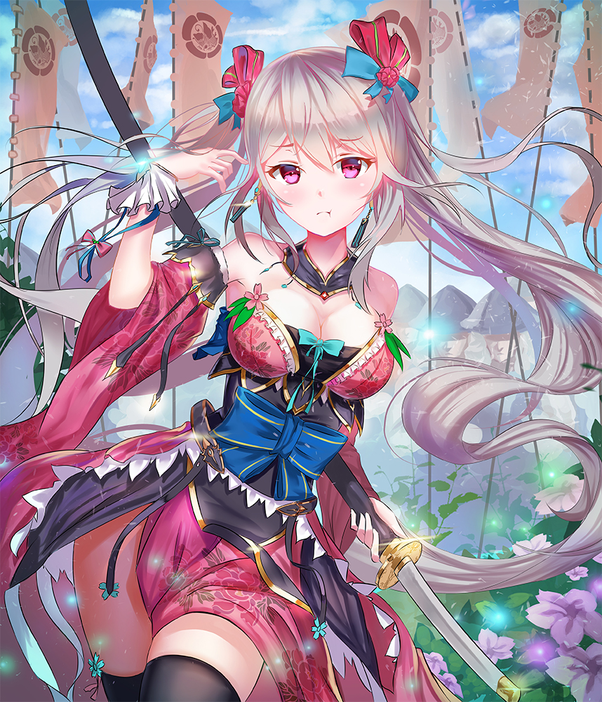 1girl, :t, arm_up, army, banner, bare_shoulders, black_0_0p, black_thighhighs