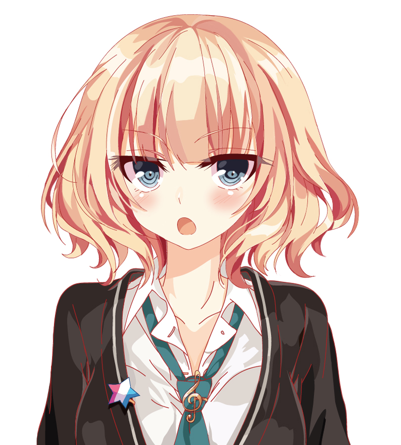 1girl, aqua_necktie, blonde_hair, blue_eyes, blush, female_focus, g_clef, looking_at_viewer, musical_clef, necktie, open_mouth, original, pin, satsuki_yuni, school_uniform, short_hair, solo, upper_body, white_background