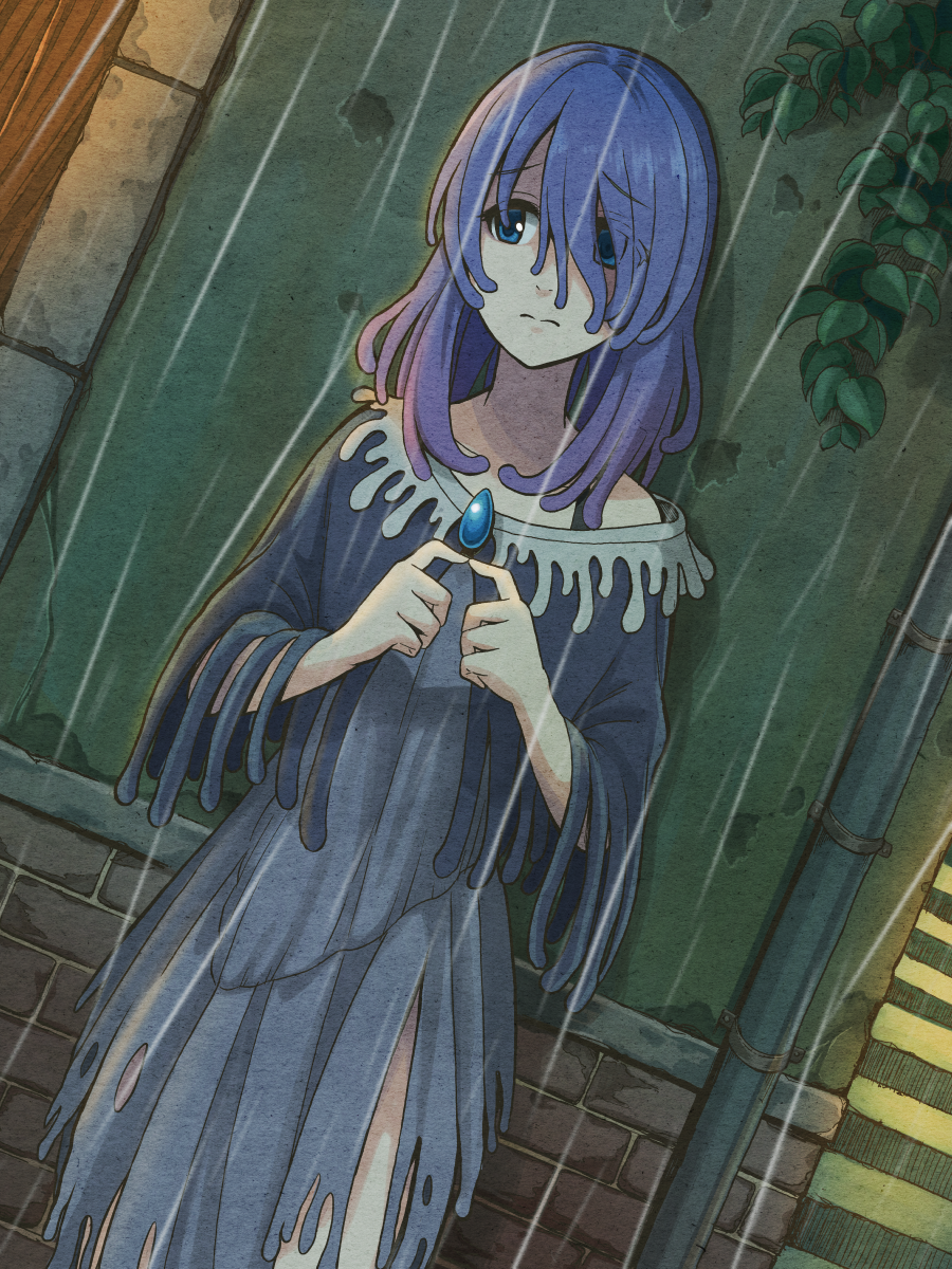 1girl, blue_eyes, blue_hair, brick_wall, cowboy_shot, door, dress, dutch_angle